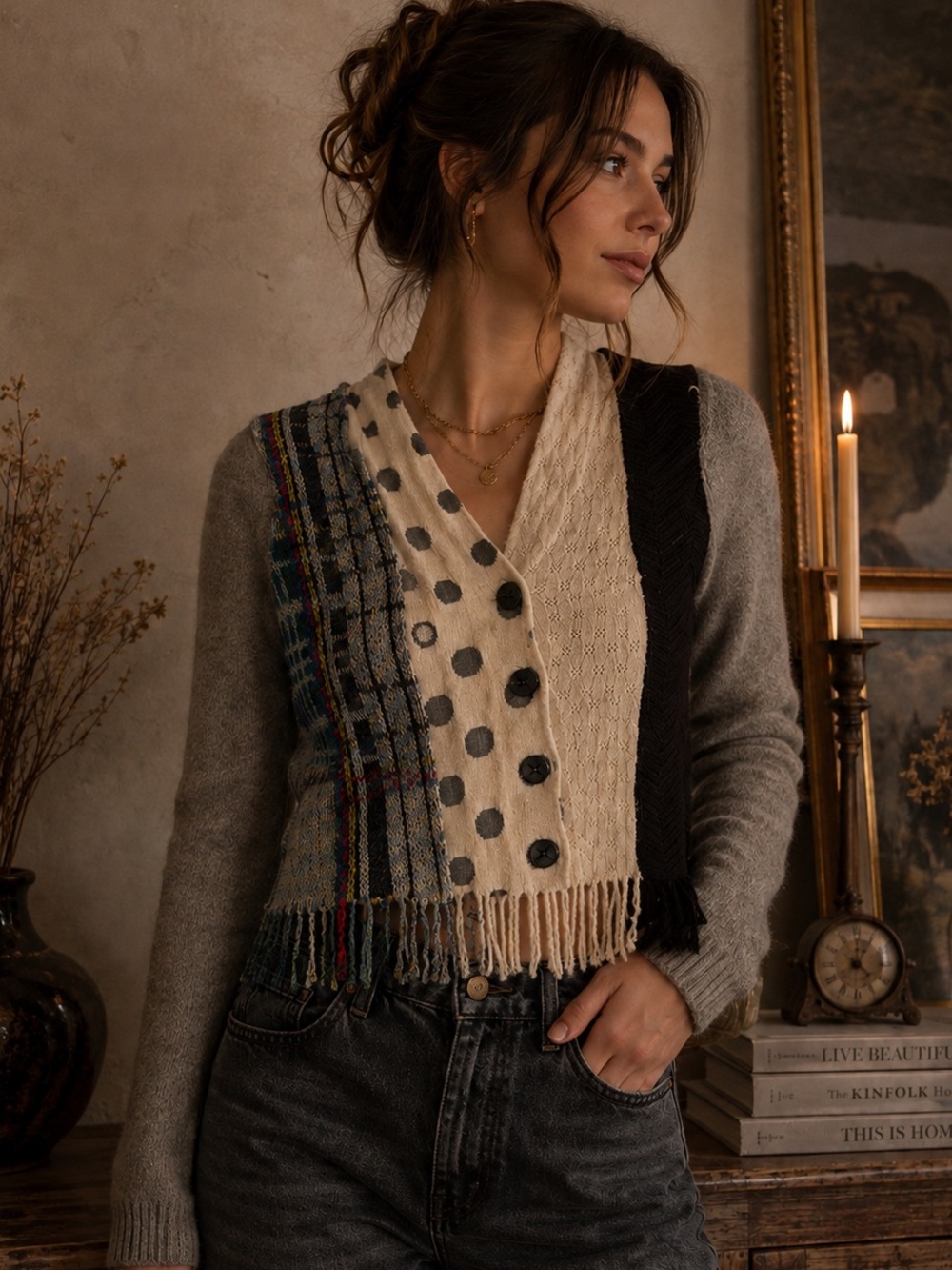 Charlie & Robin Wool Angora Boho Cropped Cardigan XS Eclectic Quirky Knit